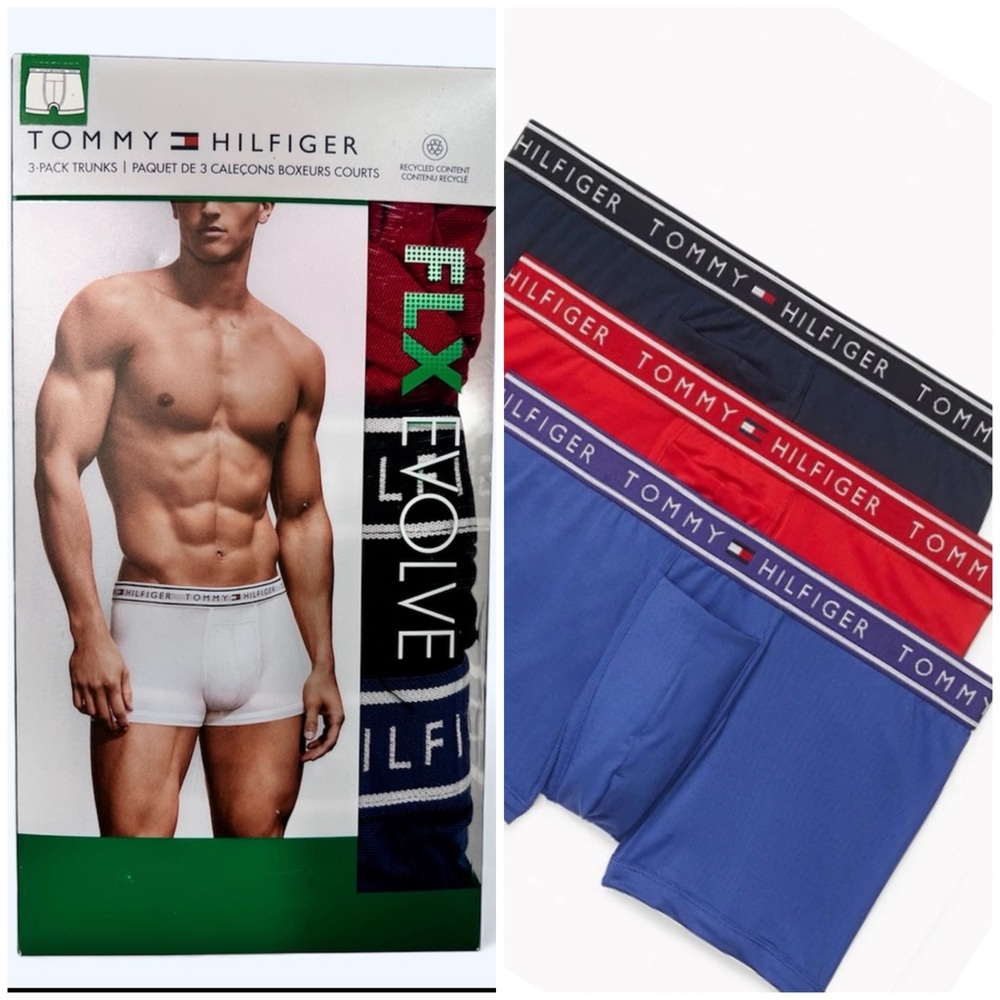 NEW TOMMY HILFIGER Men's 3-pack Flx Evolve Stretch Trunk 3PK Red | Black | Blue